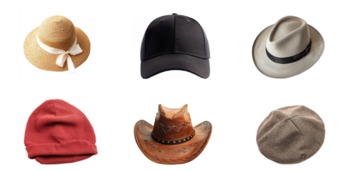 Collection of many kinds of hats isolated on white background
