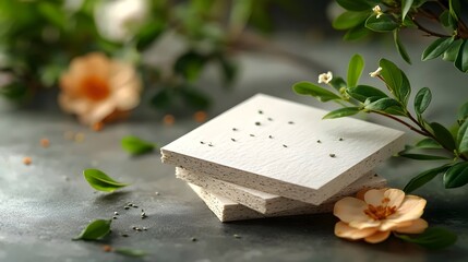 A stack of white squares with a few flowers on top