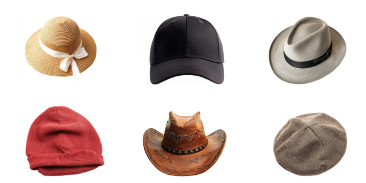 Collection of many kinds of hats isolated on white background