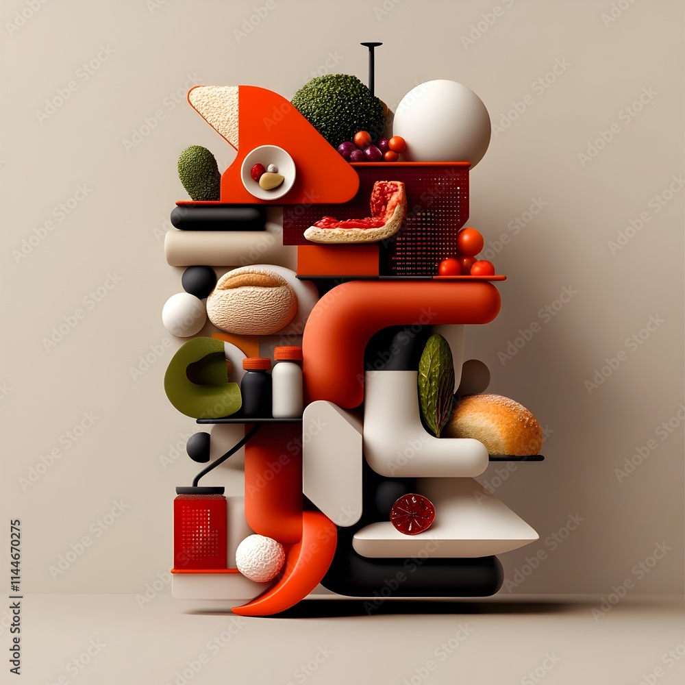 Poster an abstract data sculpture representing the dietary habits of a community composed of dynamic geomet