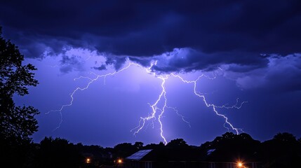 Dramatic lightning strikes over urban landscapes during thunderstorm nature nighttime atmosphere