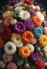 A medley of yarns in various shades, woven together to create a unique flower arrangement, woven, textiles, flowers