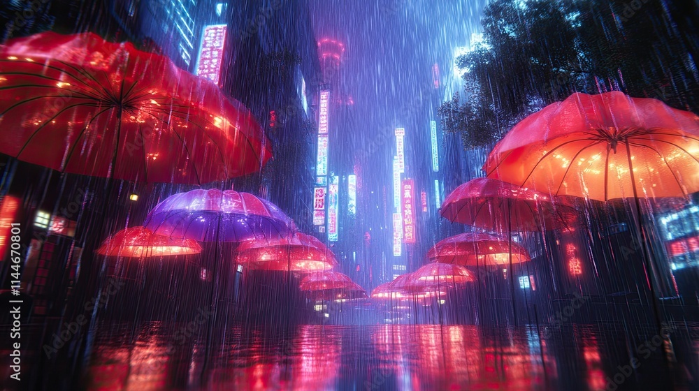 Poster ai-generated colorful umbralla in rain .