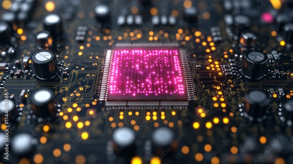 Poster close-up of a circuit board with a glowing processor.