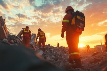 Emergency Workers Assessing Disaster Site at Sunset