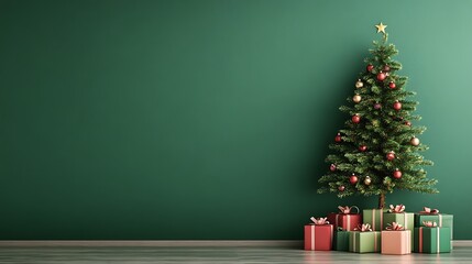 Decorated Christmas tree gleams brightly against a green wall mockup, wide shot photo.. AI Generated