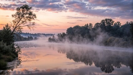 Serene river landscape at dawn with mist and colorful sky reflections