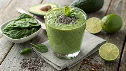 Nutritious green smoothie with avocado, lime, and chia seeds on rustic wooden background