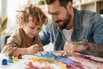 Fototapeta premium Engaging Father and Child Bonding Moment during Creative Painting Session in Bright Artistic Home Environment
