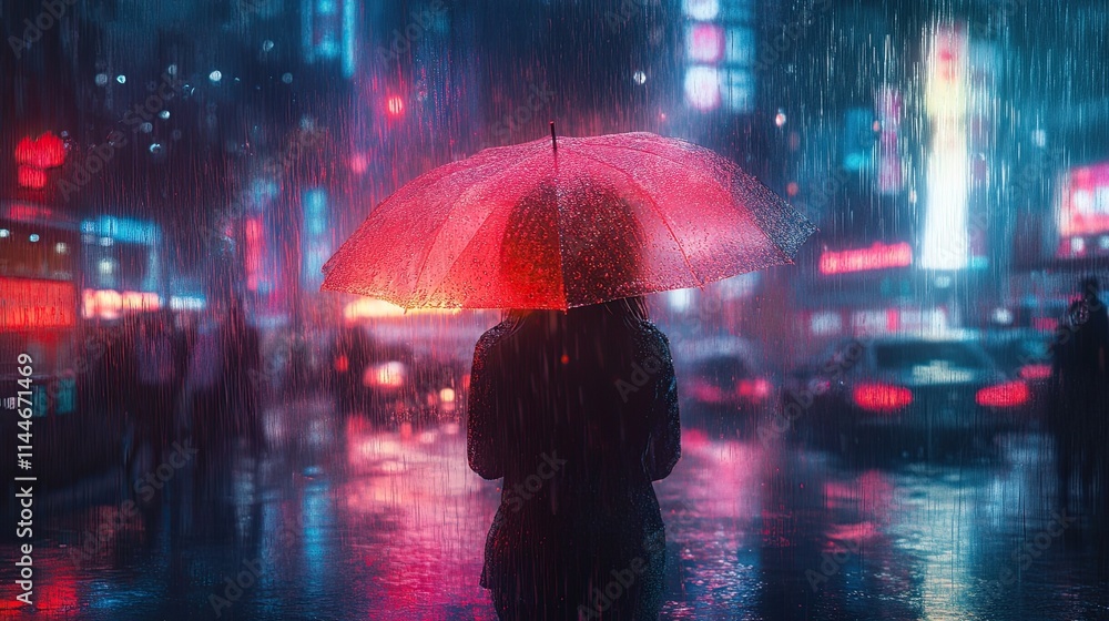 Poster ai-generated colorful umbralla in rain .