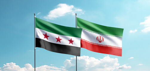 The new Syrian flag and Iran flag are waving in the sky