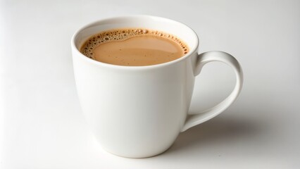Fototapeta premium Warm cup of coffee with frothy milk in a white ceramic mug on a light background