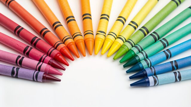 Vibrant array of colorful crayons arranged in a rainbow pattern on a white background - Powered by Adobe