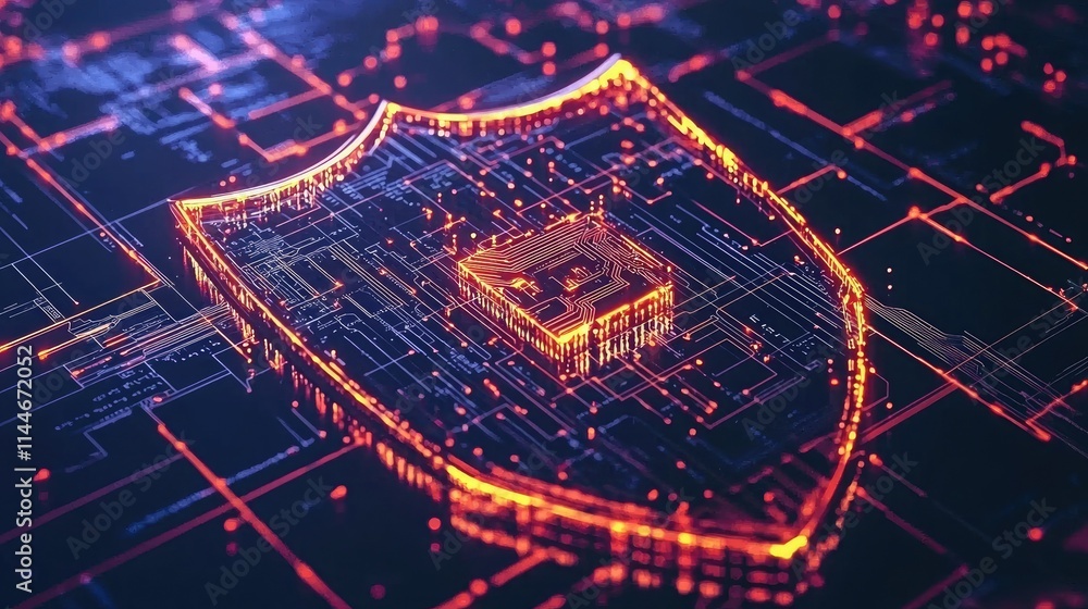 Poster Conceptual image of a shield over digital lines, symbolizing data protection 
