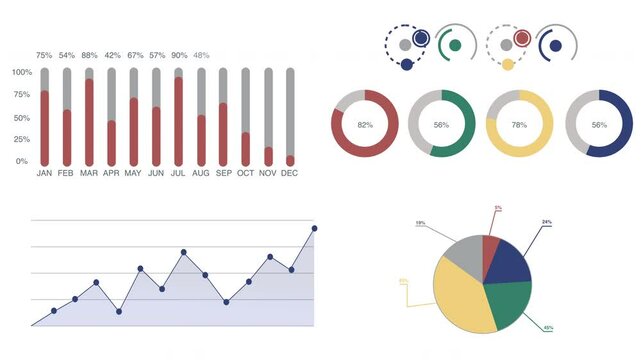 Infographics, pie charts and diagrams isolated on white background for market data analysis . Set of animated infographic elements 4K animation 