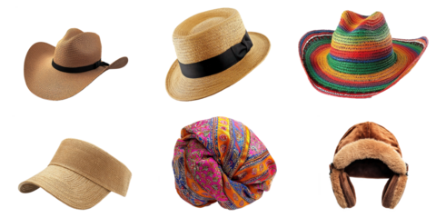Collection of many kinds of hats isolated on white background