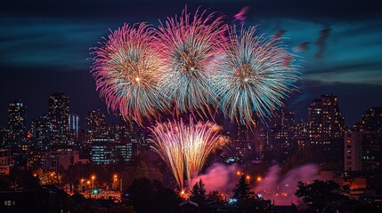 Colorful fireworks celebration over a city skyline at night urban landscape vibrant atmosphere for festive events