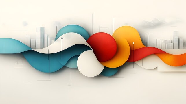 Vibrant and colorful digital artwork representing the frequency of occurrence of different cultural practices  Dynamic patterns and interlocking geometric shapes create a modernist