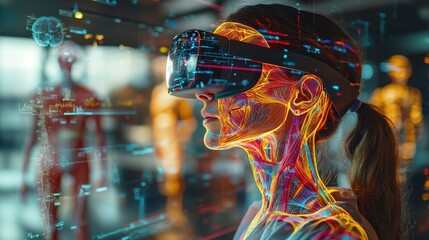 Innovative medical care doctor using vr headset for patient treatment in futuristic clinic environment