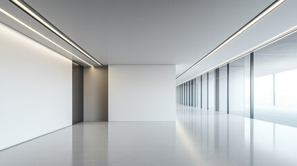 Fototapeta premium A spacious empty hall with a blank white wall, a sleek white floor, and LED strip lighting on the ceiling, perfect for mockup design