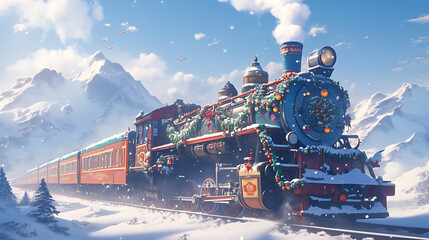 A festive steam train decorated for winter travels through a snowy mountain landscape.