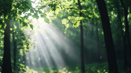 Fototapeta premium Misty Forest with Sunlight Filtering through Lush Greenery