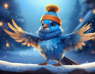 cute bluebird character wearing a winter scarf and beanie hat flapping wings and standing in the snow with blue background