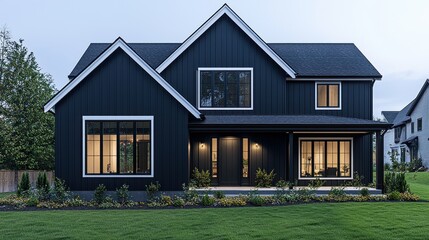 Obraz premium Stunning black-painted house with white accents suburban neighborhood architectural design evening light modern elegance