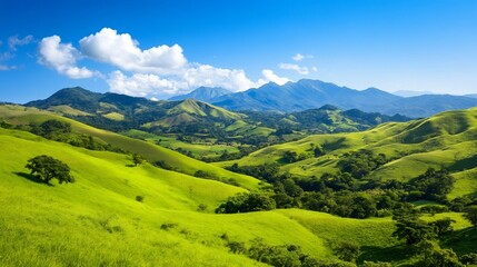 Naklejka premium Vibrant Green Rolling Hills Under Majestic Blue Sky Symbolizing Peaceful Nature Scenery