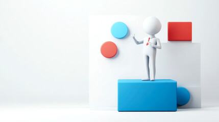 A 3D figure in a suit stands on a blue block, gesturing, with colorful geometric shapes in the background.