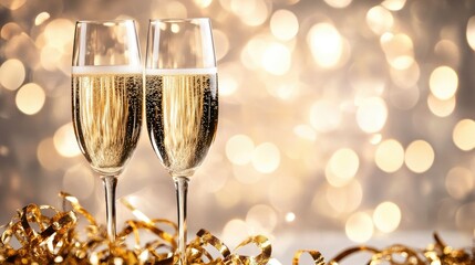 New Year's Eve champagne glasses filled with bright festive holiday lights