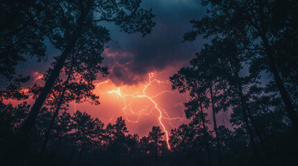 Dramatic lightning strikes illuminate dark forest during stormy night
