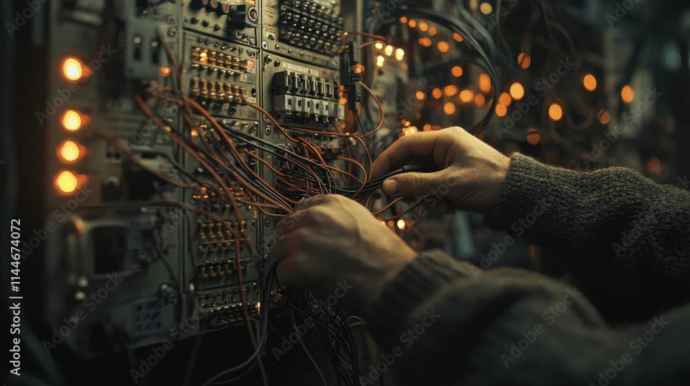 Aufkleber hands working on complex circuit board with glowing lights, showcasing intricate wiring and technolo