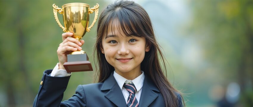 A young Asian girl in a school uniform raises her gold trophy, symbolizing achievement and recognition for her academic work.
