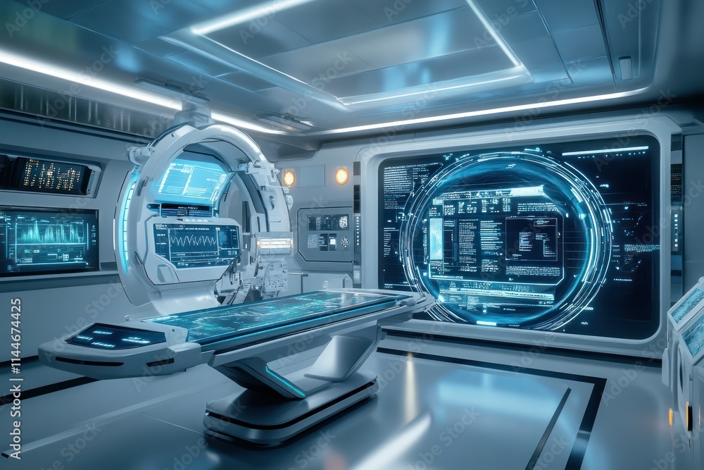 Poster futuristic high-tech workspace with advanced interface
