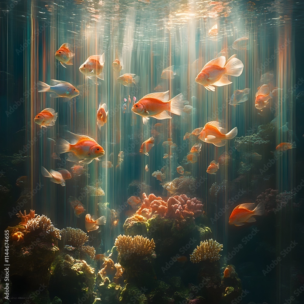 Poster pulsing sonic signatures of a vibrant coral reef ecosystem in abstract spectrogram undulating waves 