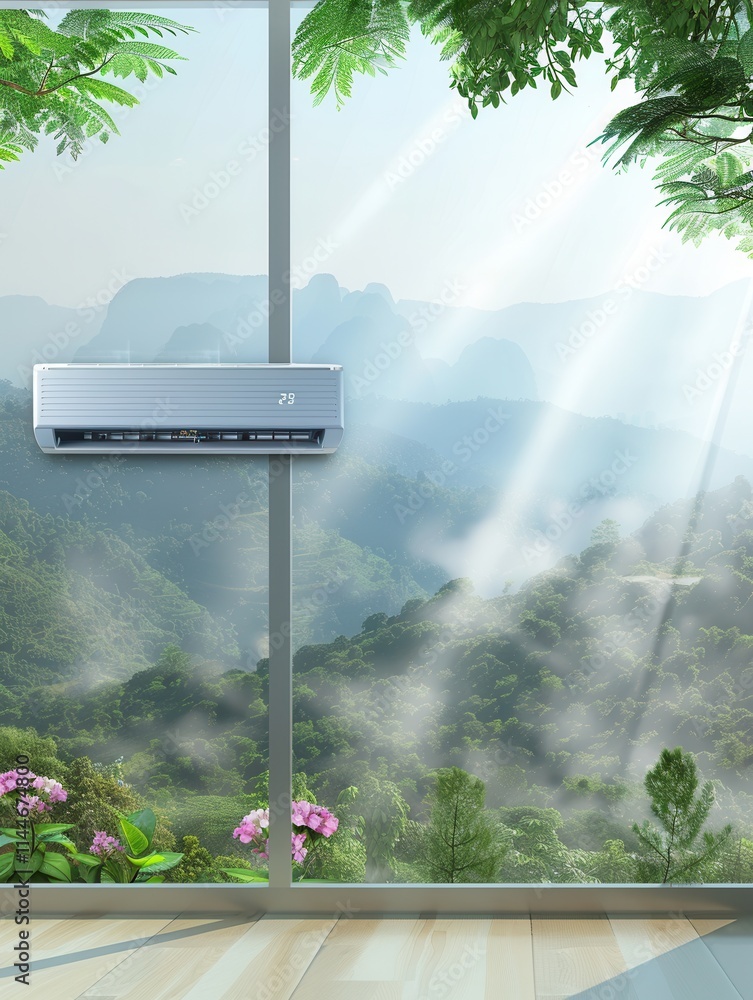 Poster air conditioner mounted on wall next to open window overlooking green mountains during daytime. gene