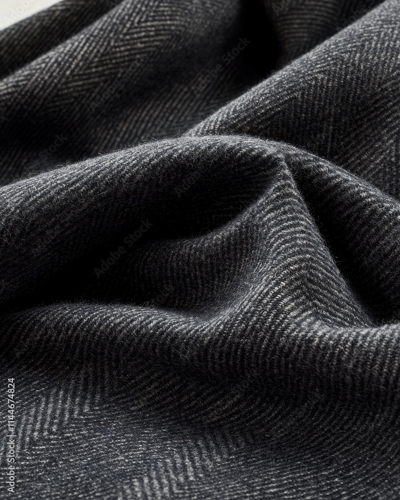 Poster textile texture examination of herringbone wool fabric studio setting close-up textural detail explo