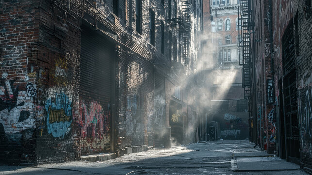 quiet New York alleyway with gritty textures, sunlight beams, and graffiti
