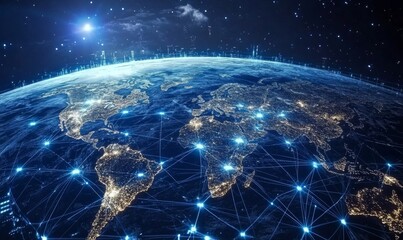Obraz premium Digital world map planet Earth space global globe sky space 5G wireless network AI big data communication pathways science technology web internet connection transmission cyber cloud computing online