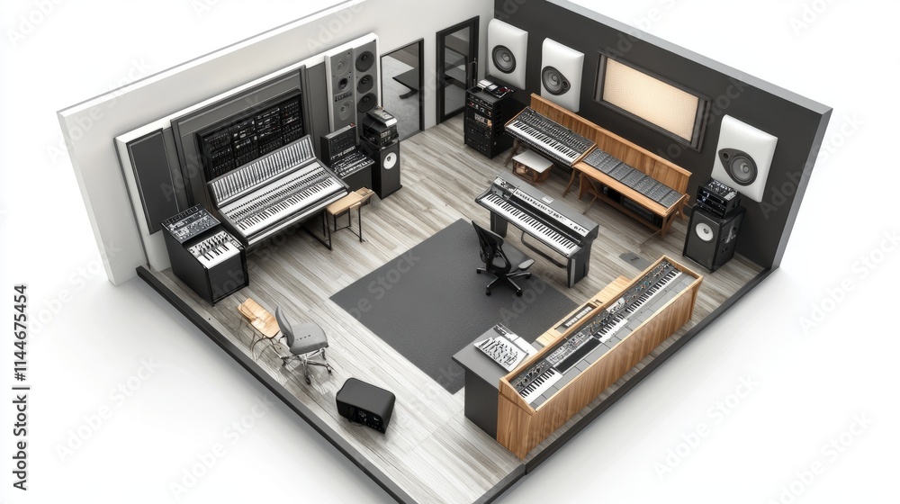 Poster a visual plan of a professional recording studio setup, showcasing advanced technology and sound iso