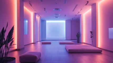 A well-lit, empty photography studio with LED lights, softboxes, and reflectors positioned for optimal shooting angles