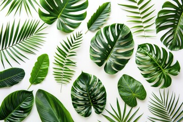 Tropical leaves pattern on white background. Flat lay design.