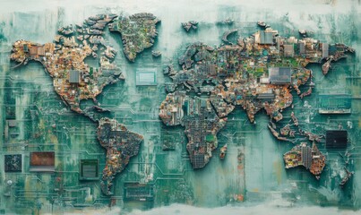 The tech world map emphasizes global network computing and artificial intelligence connectivity