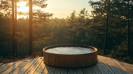 Wooden tub gleams softly at sunset forest wide photo. AI Generated