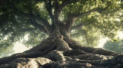 Ancient Oak Tree Roots and Canopy Sunlight