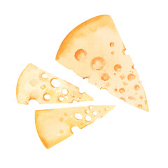Whole piece and slices of yellow cheese with holes hand drawn watercolor illustration