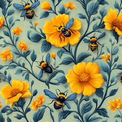 Vibrant Floral Pattern Featuring Bees and Bright Yellow Flowers on a Soft Green Background for Textile or Wallpaper Designs