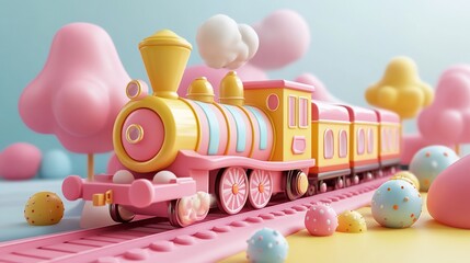 Pastel pink and yellow toy train on pink track surrounded by pastel eggs and clouds.