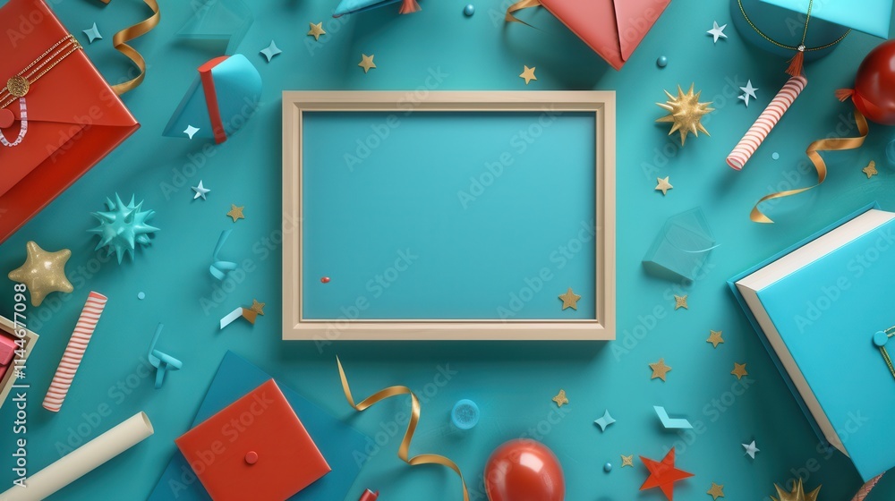 Poster graduation celebration backdrop featuring a framed picture with colorful school items and ample copy